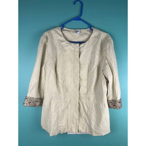 Evelyn Linen Blend Jacket Beaded Cuff Hidden Button 3/4 Sleeve Cream Size 12 Lin